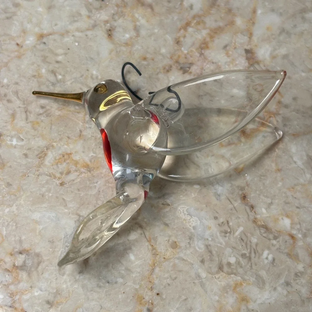 Hand‎ Blown Glass Hummingbird Ornament Clear Red Gold 3 Inch Art Glass